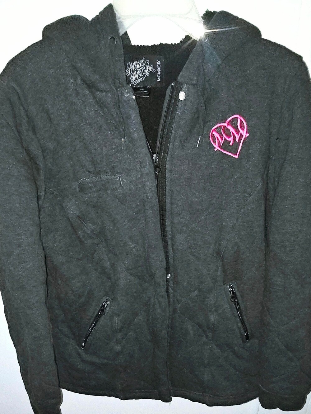 Metal Mulisha Charcoal Fleece Quilted Zip Up With Pink Embroided Logo